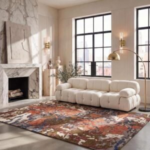 8 x 10 Ft Rust and Ivory Handmade Wool Area Rug with Floral Design for Living Room and Bedroom