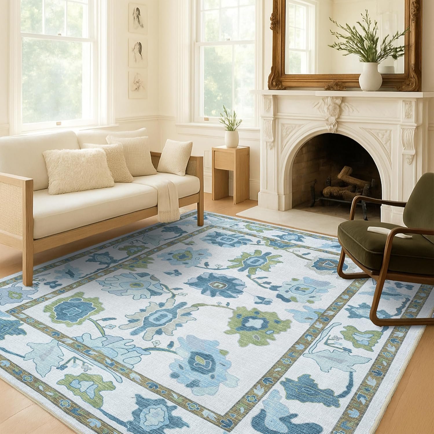 Green Floral Oushak Area Rug, Vintage Turkish Style, Machine Washable, 7'5" x 9'8"