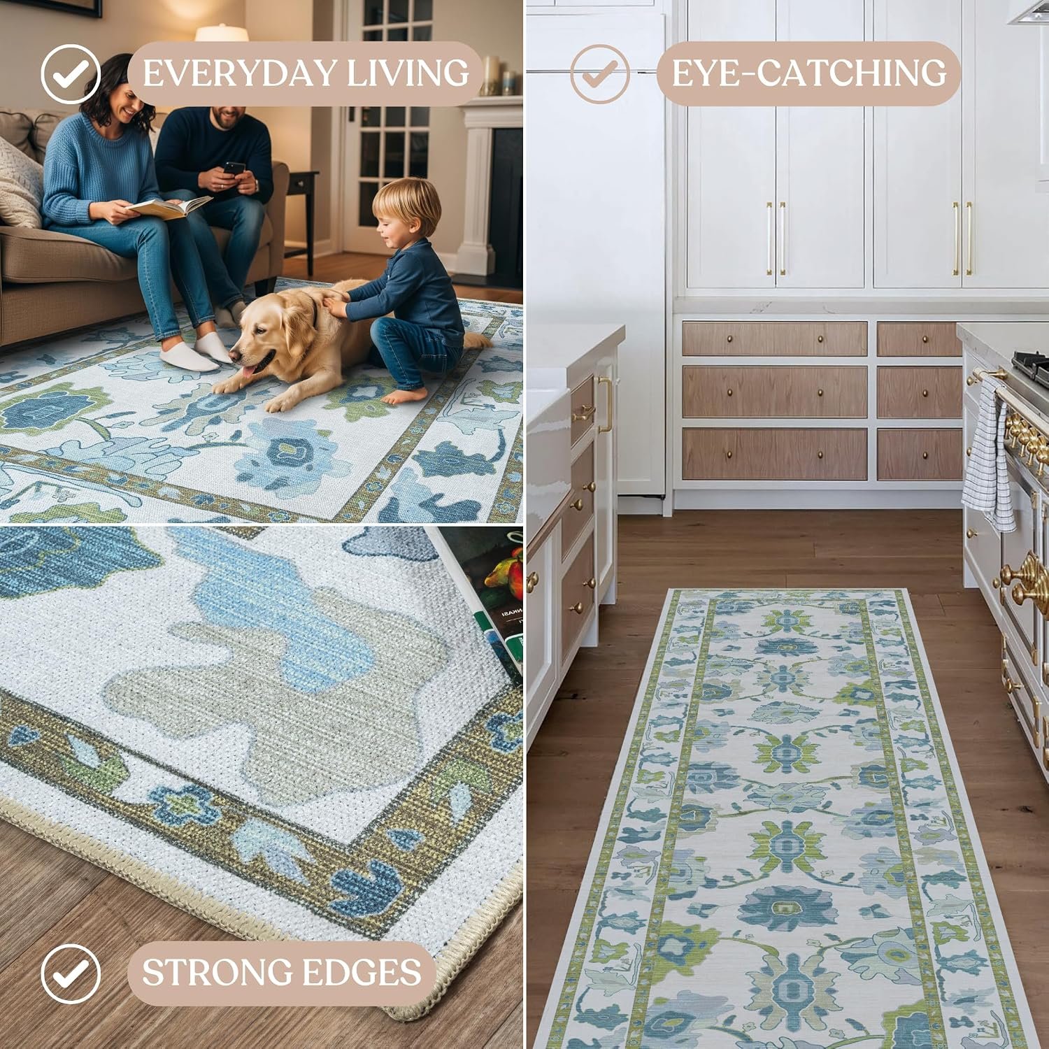 Green Floral Oushak Area Rug, Vintage Turkish Style, Machine Washable, 7'5" x 9'8" - Image 3