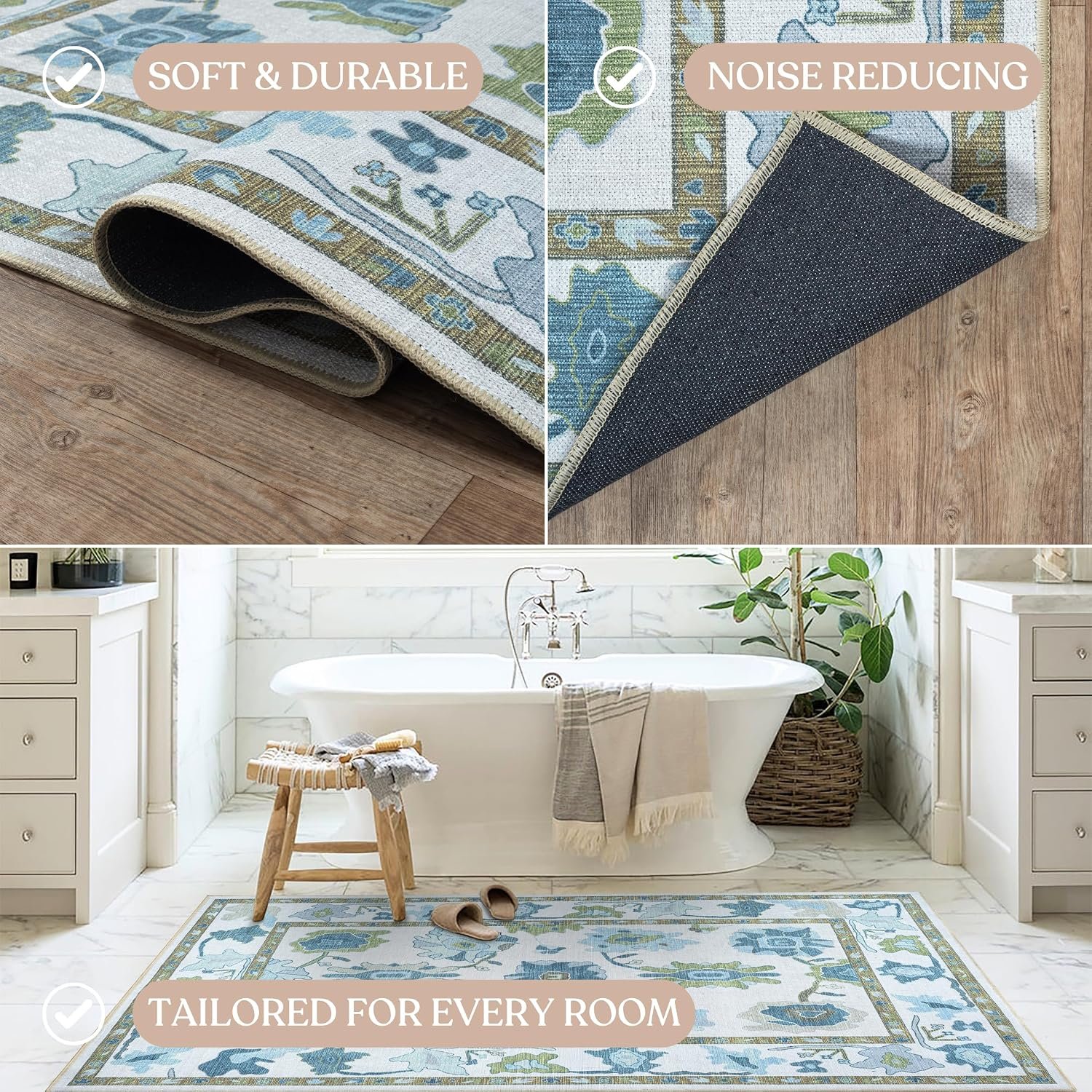 Green Floral Oushak Area Rug, Vintage Turkish Style, Machine Washable, 7'5" x 9'8" - Image 4