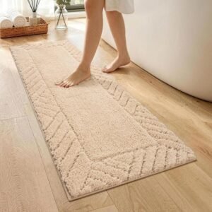 48 x 17 Inch Beige Bathroom Runner Rug, Plush Absorbent Microfiber Bath Mat with Non-Slip Backing