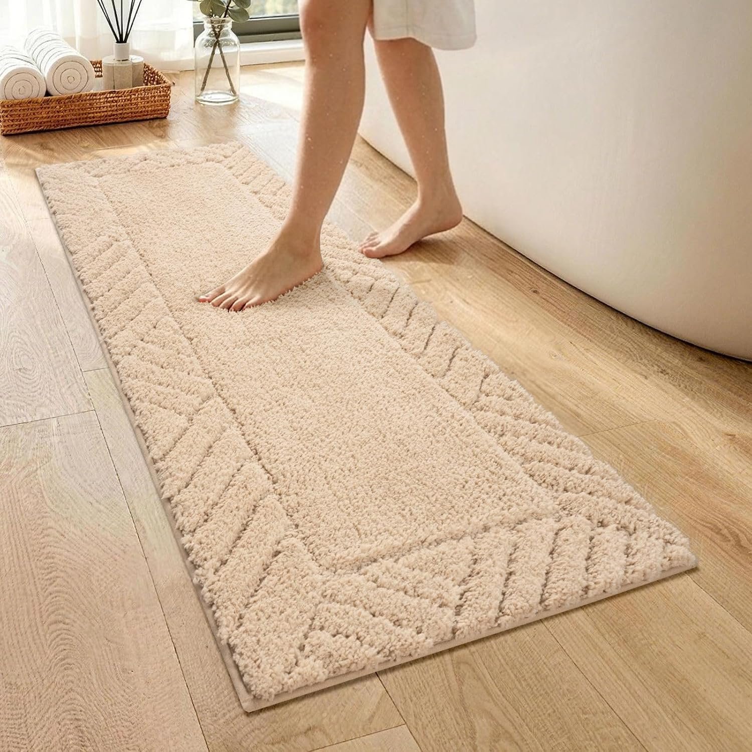 48 x 17 Inch Beige Bathroom Runner Rug, Plush Absorbent Microfiber Bath Mat with Non-Slip Backing