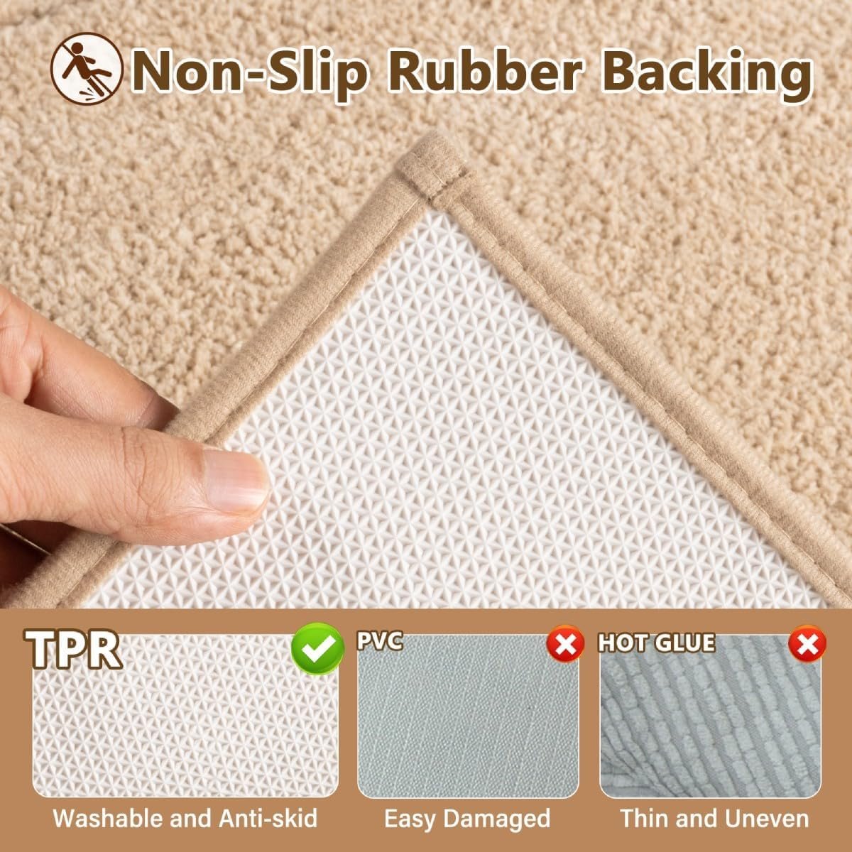 48 x 17 Inch Beige Bathroom Runner Rug, Plush Absorbent Microfiber Bath Mat with Non-Slip Backing - Image 3