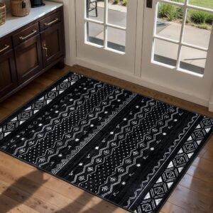 2x3 Washable Boho Area Rug, Low-Pile Geometric Entryway Mat with Non-Slip Backing