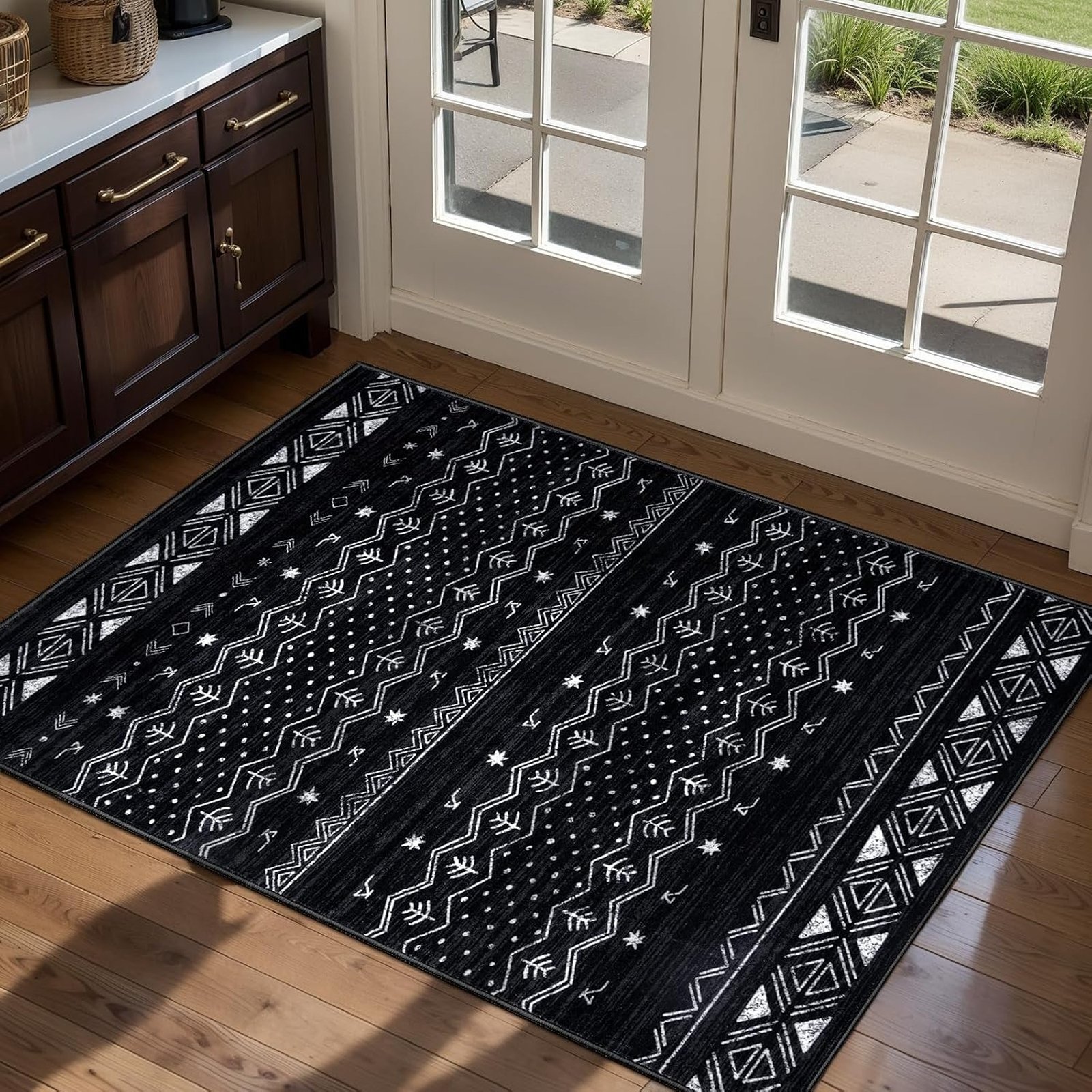 2x3 Washable Boho Area Rug, Low-Pile Geometric Entryway Mat with Non-Slip Backing