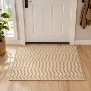 2x3 Natural Jute Cotton Geometric Area Rug, Handwoven Reversible Kitchen and Entryway Mat