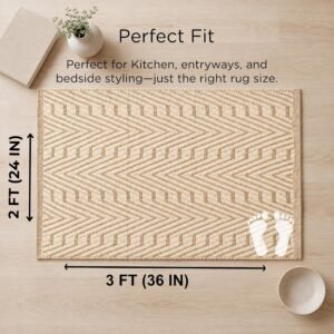 2x3 Natural Jute Cotton Geometric Area Rug, Handwoven Reversible Kitchen and Entryway Mat