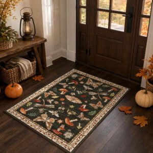 2x3 Brown Mushroom and Insect Area Rug, Washable Faux Wool Entryway Mat with Non-Slip Backing