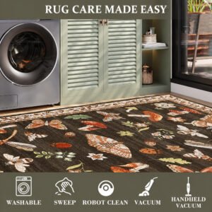 2x3 Brown Mushroom and Insect Area Rug, Washable Faux Wool Entryway Mat with Non-Slip Backing
