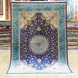 4x6 Blue Hand-Knotted Silk Area Rug with Traditional Oriental Medallion Design