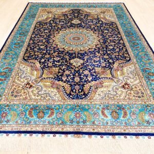 4x6 Blue Hand-Knotted Silk Area Rug with Traditional Oriental Medallion Design