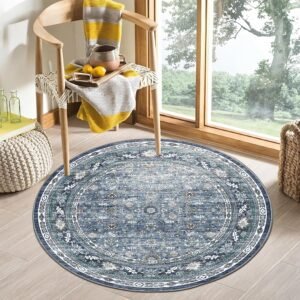 4ft Round Vintage Blue Area Rug, Soft Faux Wool Washable Carpet with Non-Slip Backing