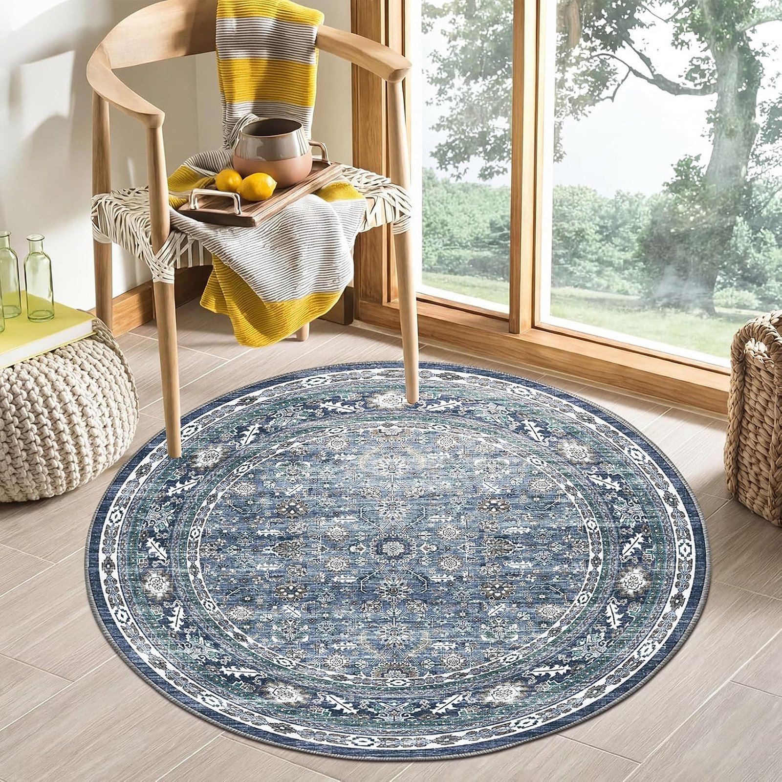 4ft Round Vintage Blue Area Rug, Soft Faux Wool Washable Carpet with Non-Slip Backing