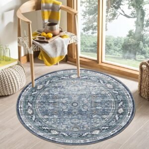 4ft Round Vintage Blue Area Rug, Soft Faux Wool Washable Carpet with Non-Slip Backing