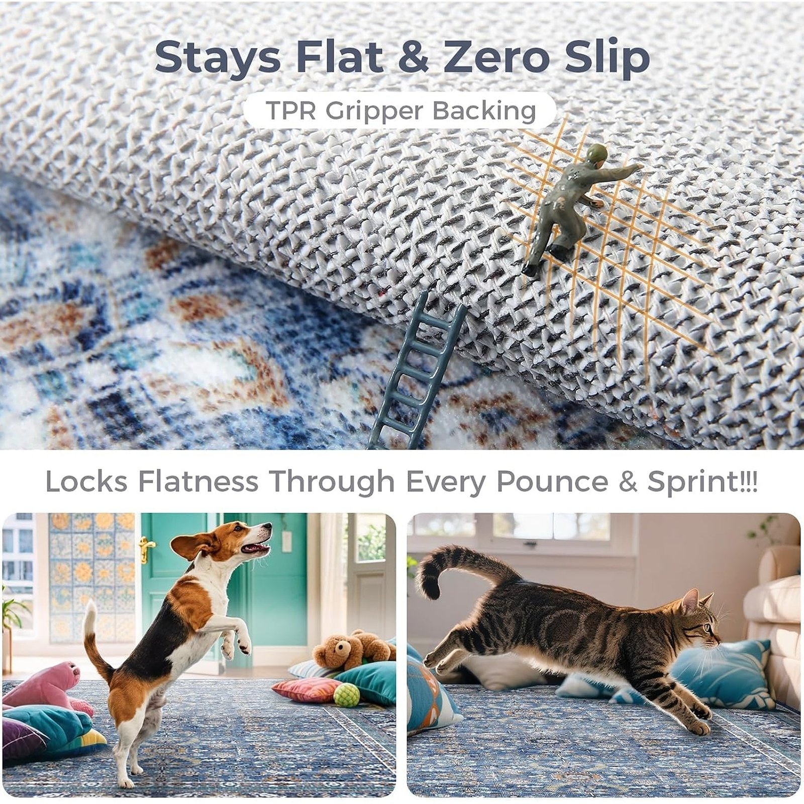4ft Round Vintage Blue Area Rug, Soft Faux Wool Washable Carpet with Non-Slip Backing - Image 5