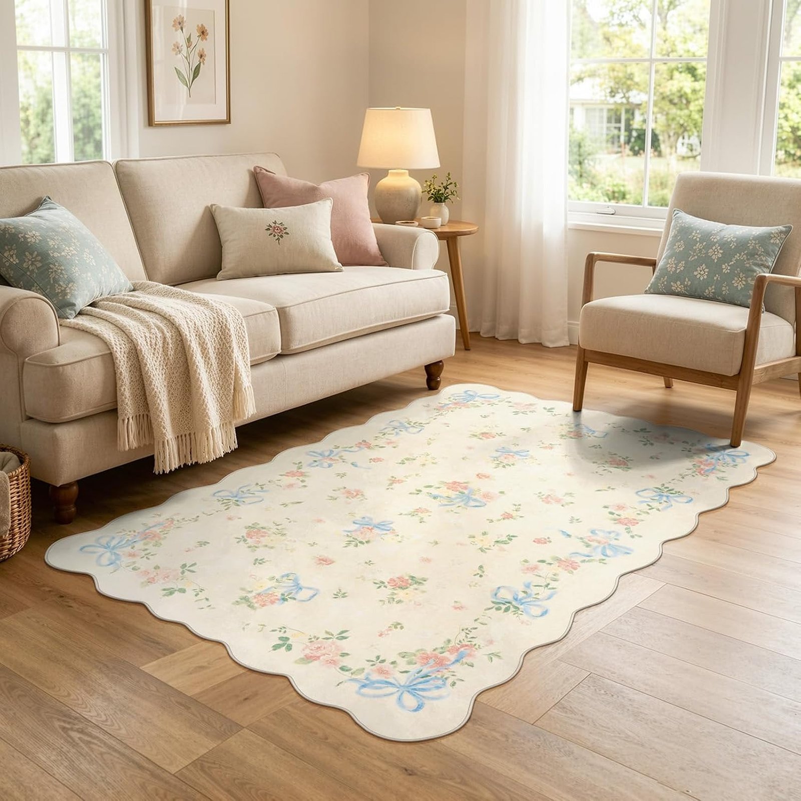 4x6 Boho Bow Floral Area Rug, Soft Washable Bedroom Carpet with Non-Slip Backing