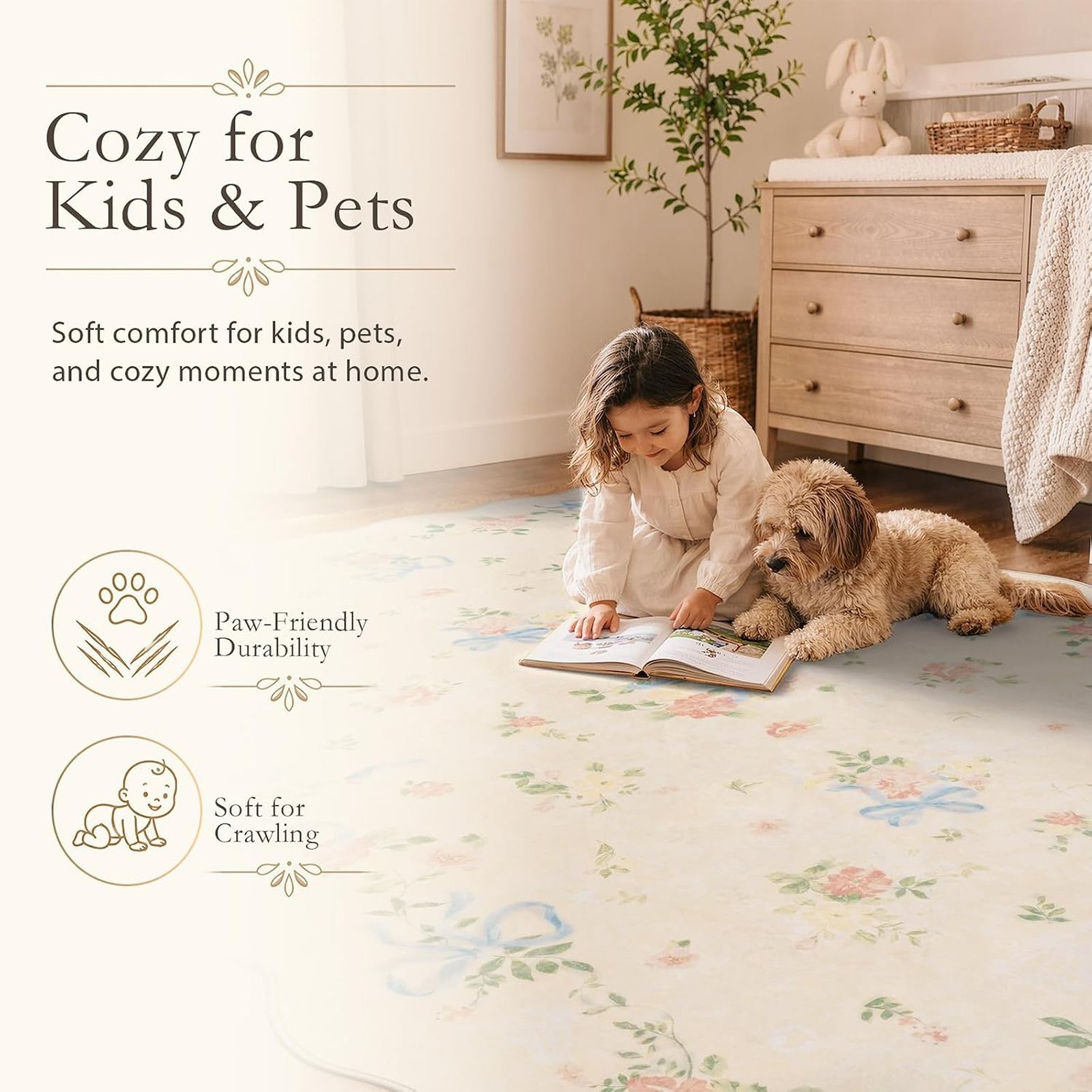 4x6 Boho Bow Floral Area Rug, Soft Washable Bedroom Carpet with Non-Slip Backing - Image 5
